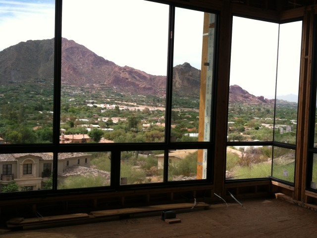 Camelback Mountain is clearly seen through these floor-to-ceiling windows.